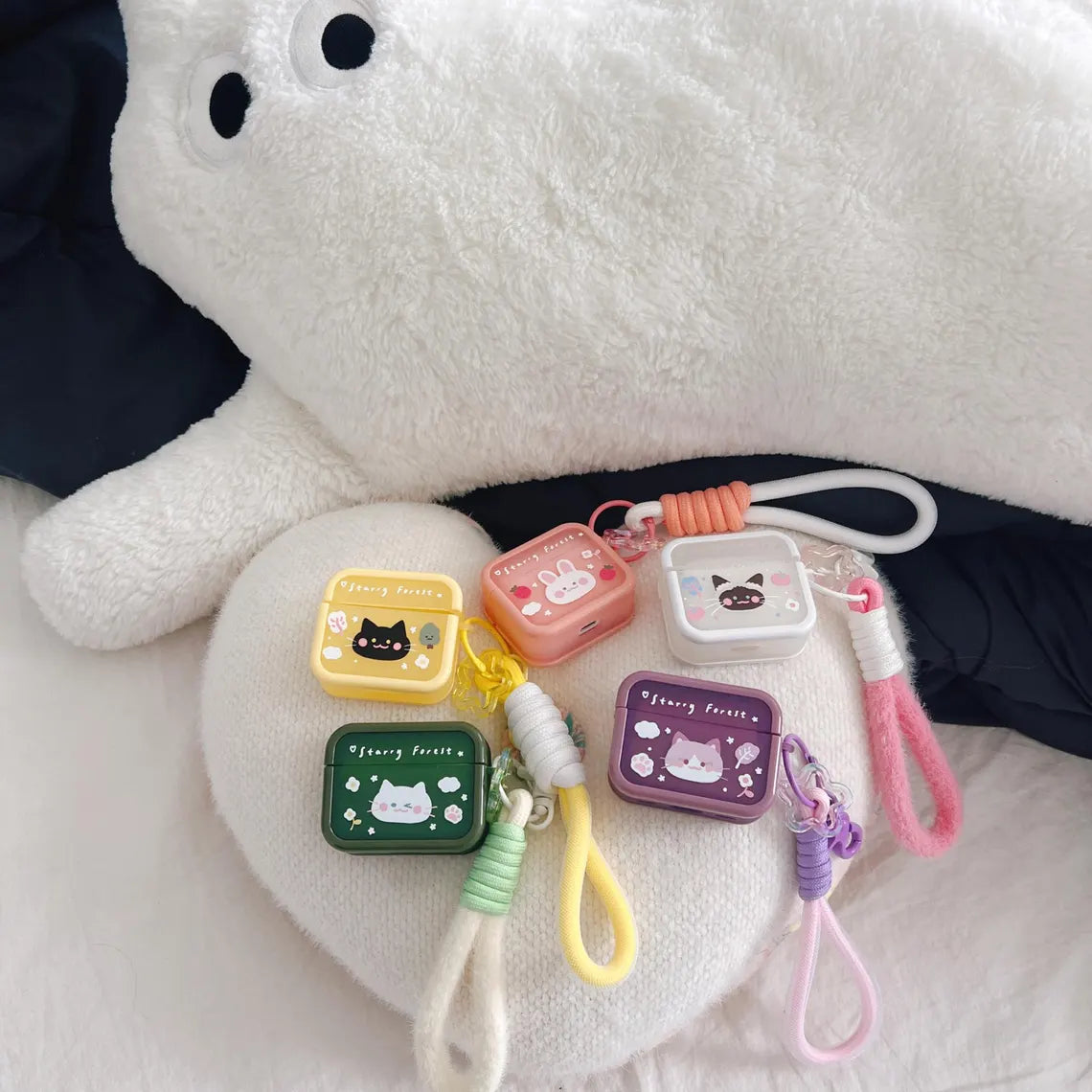 Starry Forest Cute Cat Rabbit Case for AirPods 1st/2nd/3rd/4th/pro/pro2 Generation, kawaii purple pink yellow cases with keychain lanyard